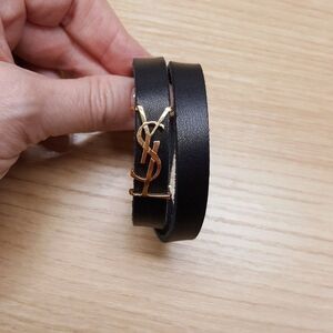 YSL Saint Laurent XS Black Leather Double Wrap Bracelet Leather Gold Logo